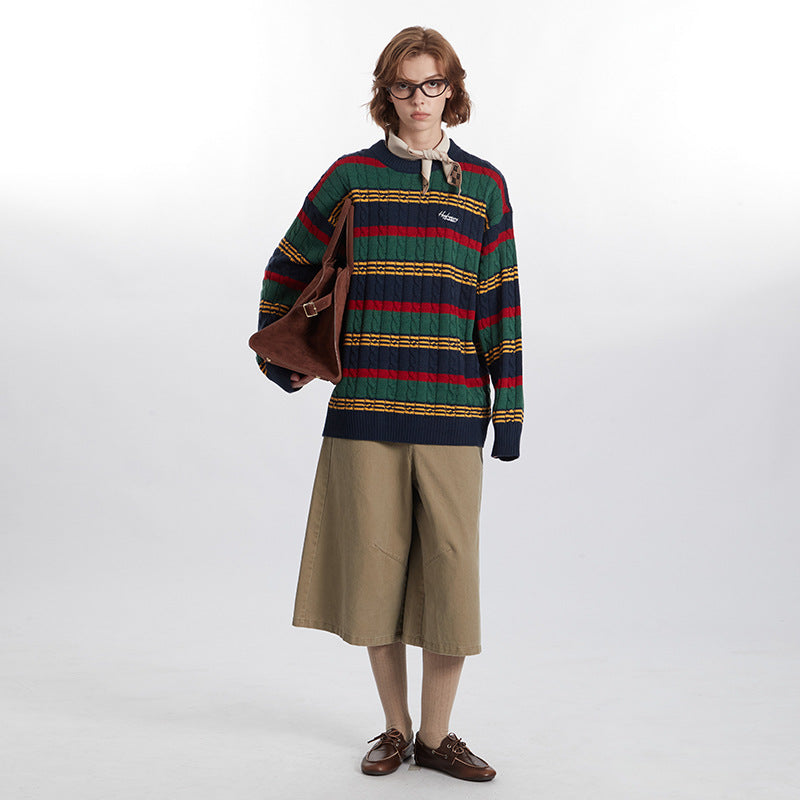 Striped Multicolor Casual Retro Couple Sweater