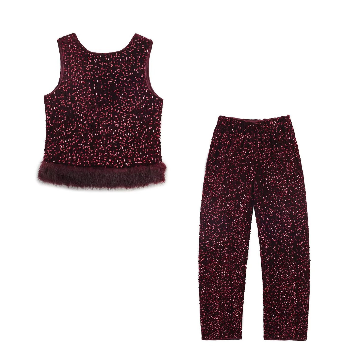 Sequined Fur-effect Hem Top And Trousers