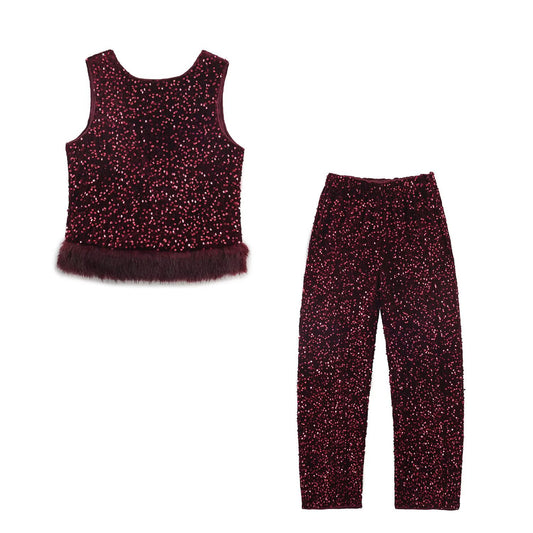 Sequined Fur-effect Hem Top And Trousers