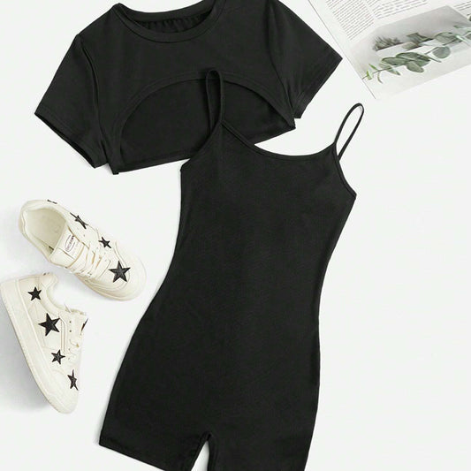 Chic Short Romper Jumpsuit Set With Spaghetti Straps