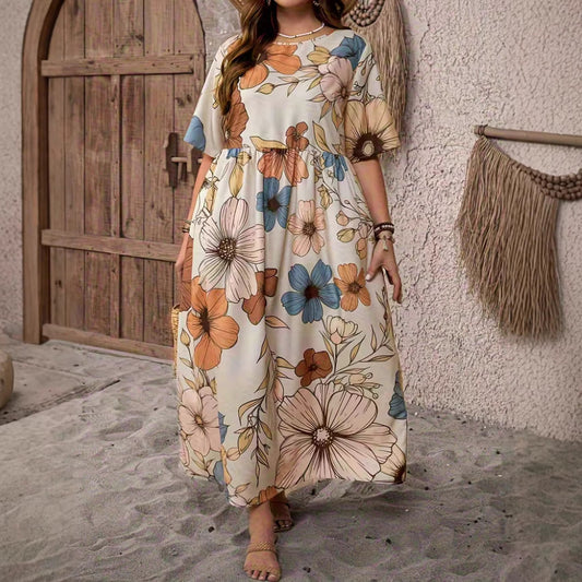 Vacation Short-Sleeve Crew-Neck Floral Print Dress