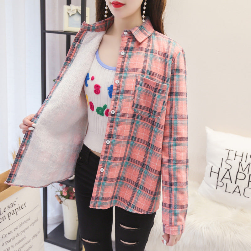 Thicken Plus Velvet Plaid Shirt Women Retro