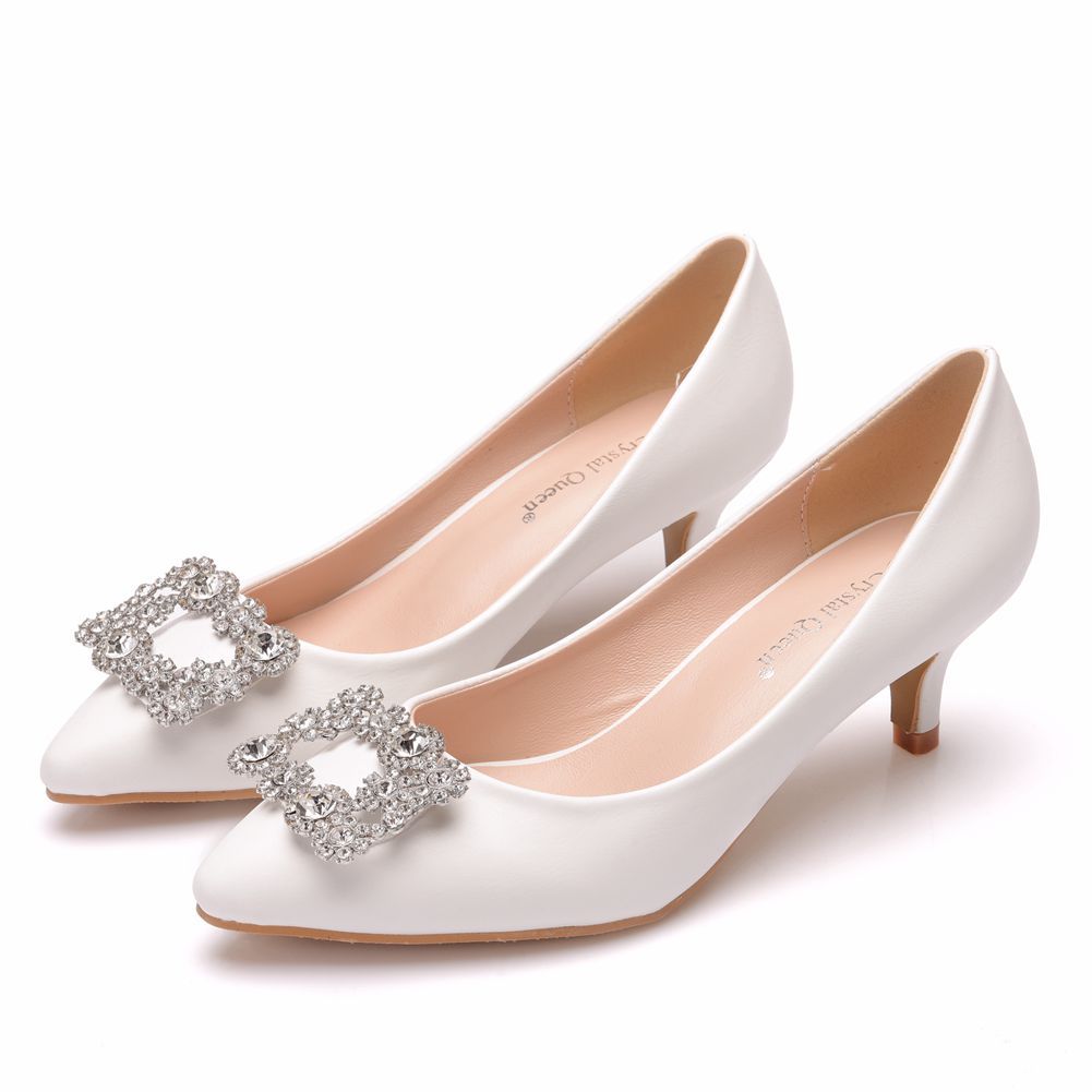 5cm Pointed Toe Shoes, Small Heel Mid-Heeled Shoes, Square Buckle Rhinestone Pointed Toe Shoes