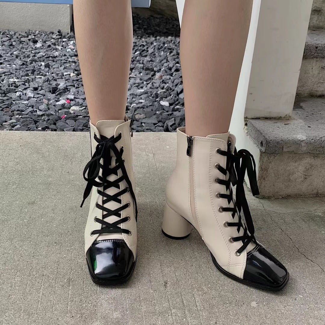 Women's New Square Toe Thick High-heeled British Style Martin Boots