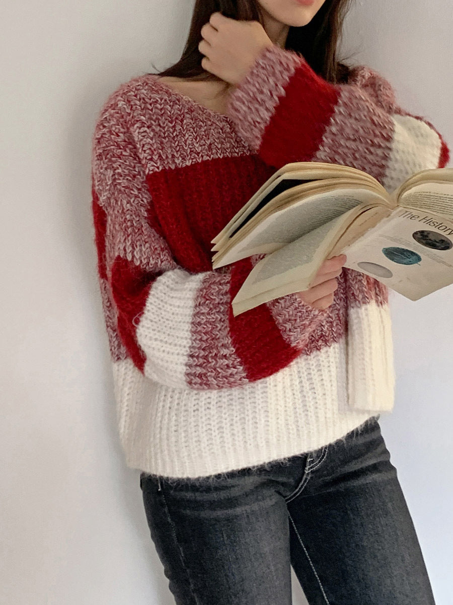Christmas Sweater Mohair Off-shoulder Sweater For Fall And Winter