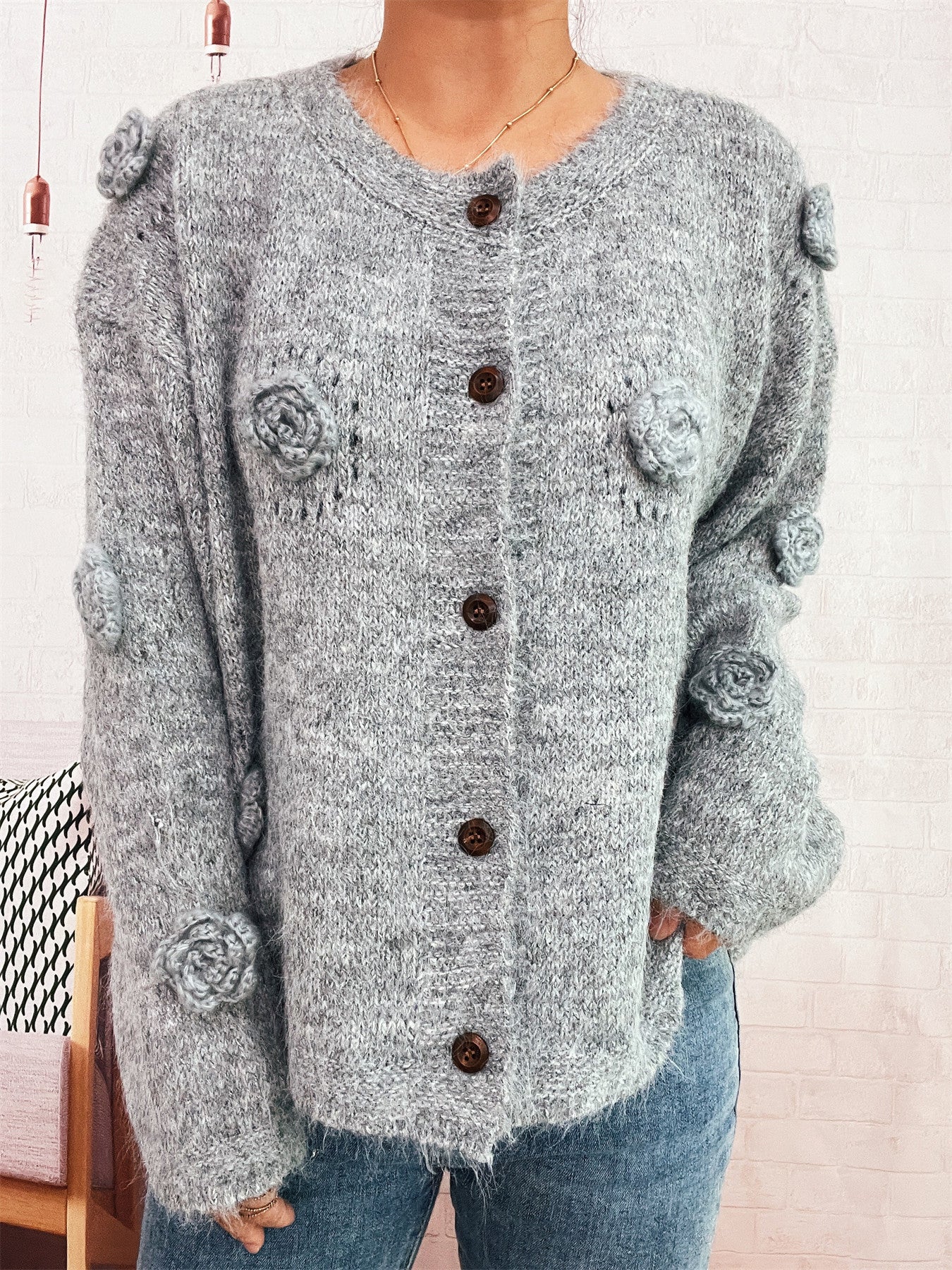 Three-dimensional Flower Cutout Knitted Coat Round Neck Cute Sweater