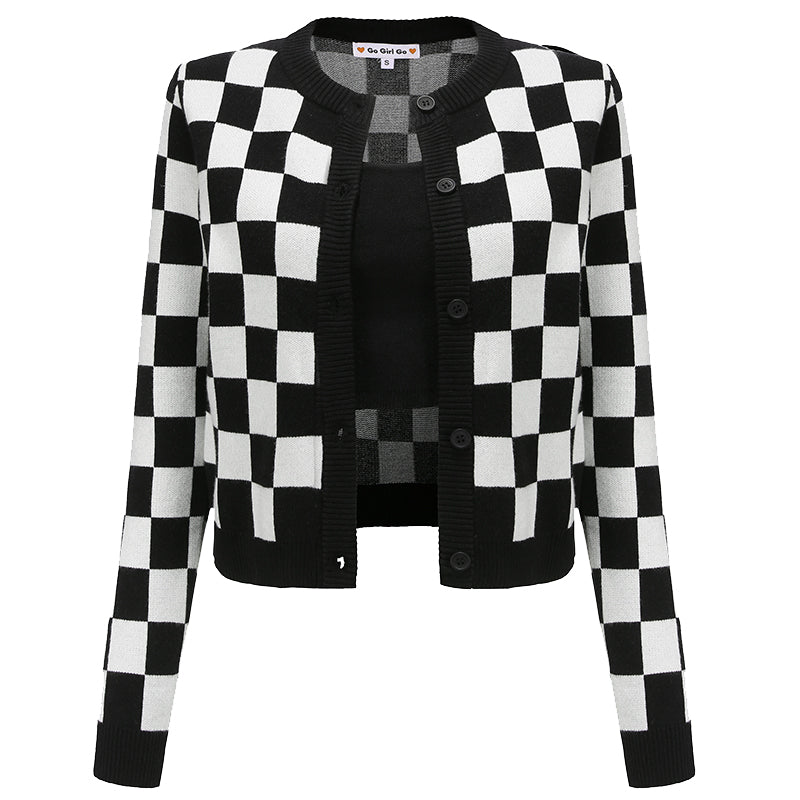 Vintage Black And White Check Knit Cardigan