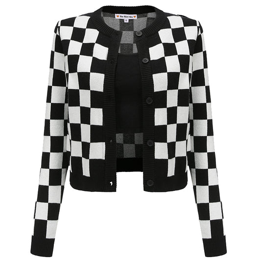 Vintage Black And White Check Knit Cardigan