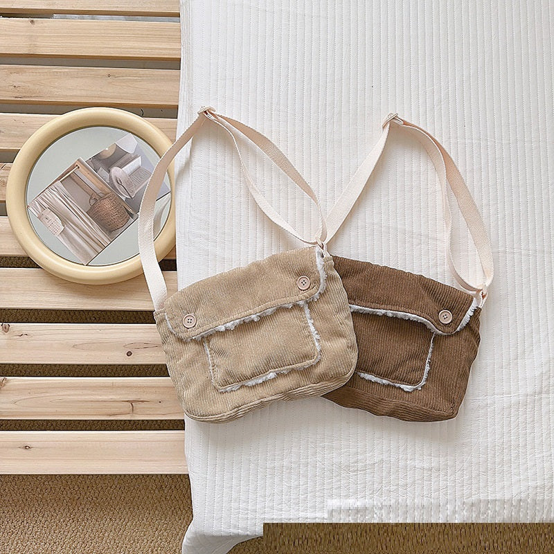 Retro Corduroy Solid Color Personalized Button Children's Cross Body Shoulder Bag