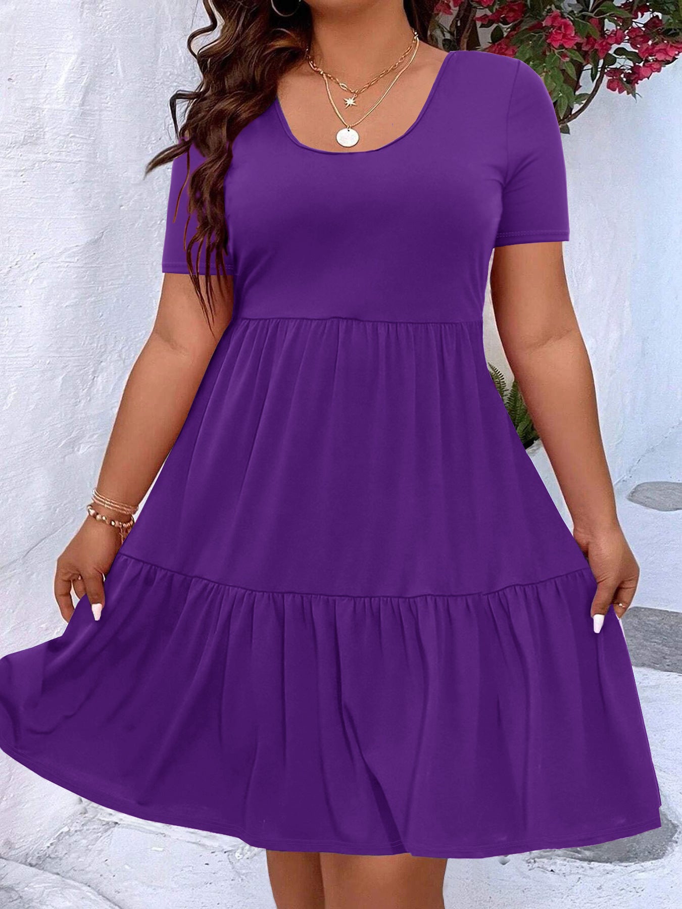 Plus-size Womens Pleated Solid-color Crewneck Dress