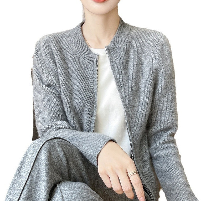 Round Neck Knitted Cardigan Long Sleeve Women's Oblique Zipper Slim Jacket