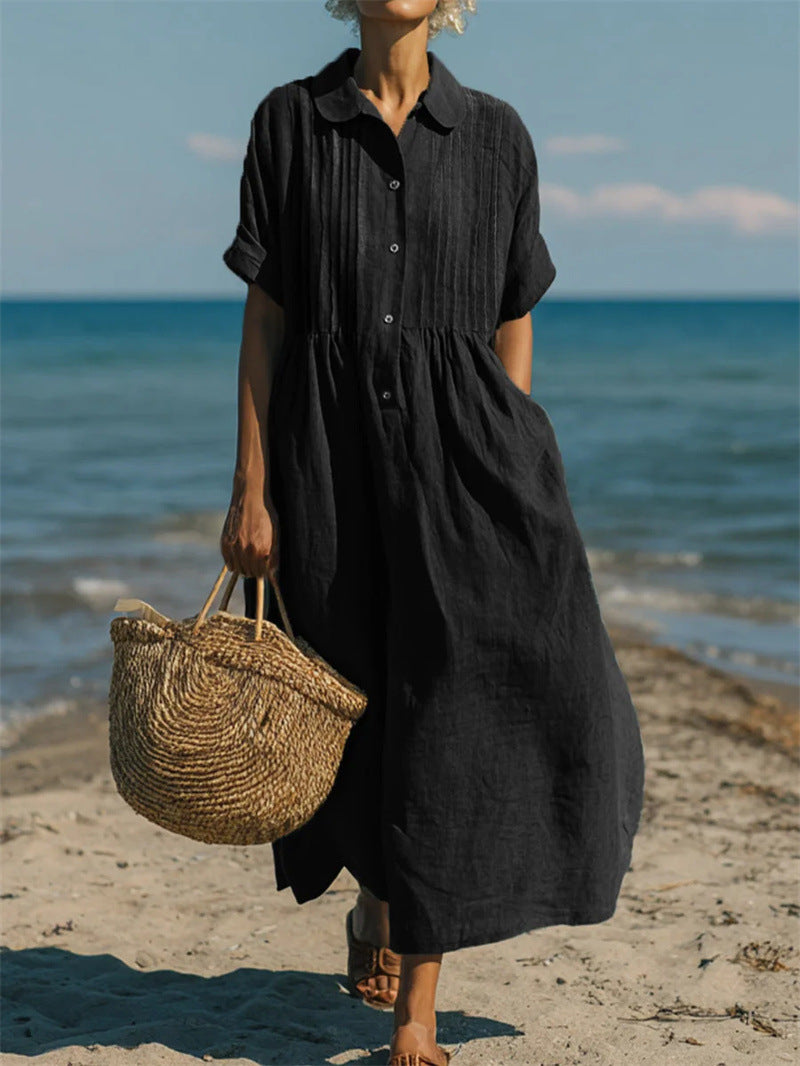 Notch-collar Button-front Pleated Short-sleeve Cotton-linen Dress