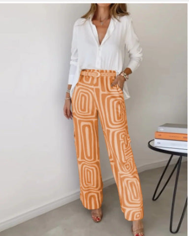 Long-sleeved Lapel Shirt Printed Wide-leg Pants Suit