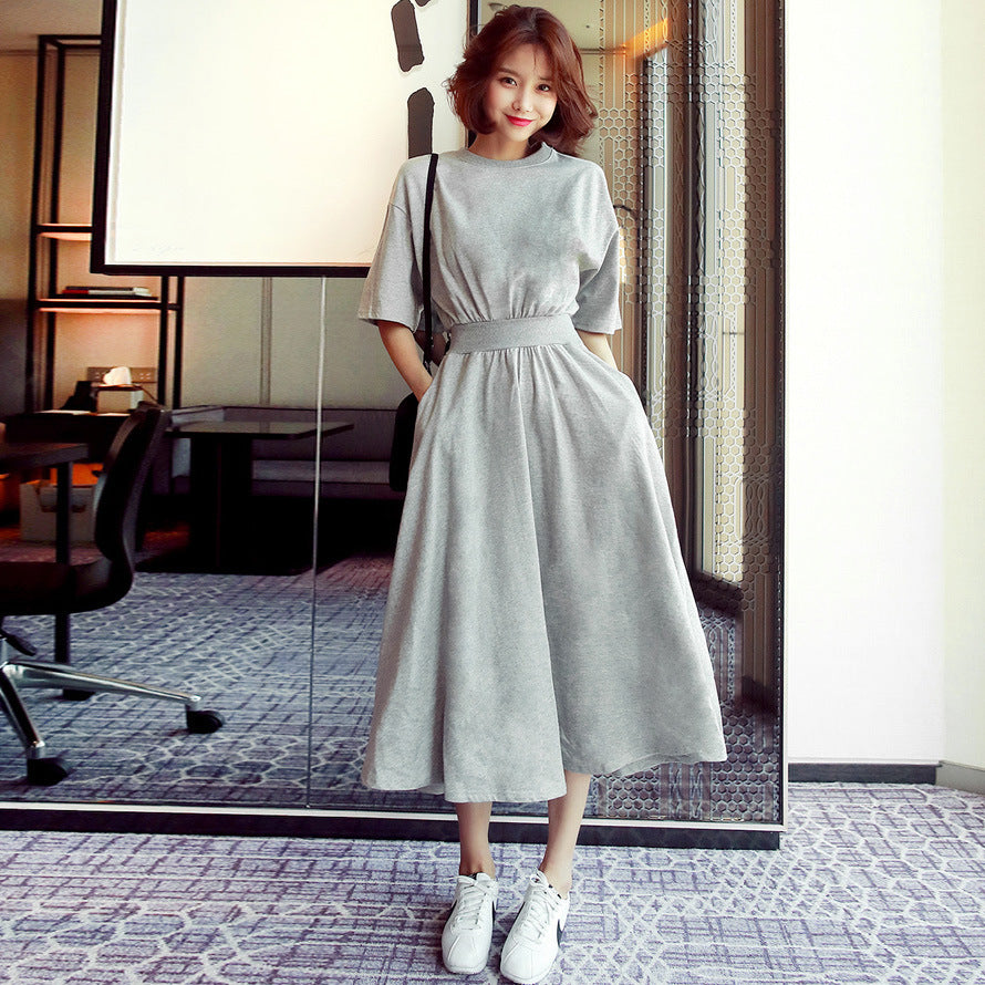 Slimming Defined Waist High-Waisted Round Neck Long Dress