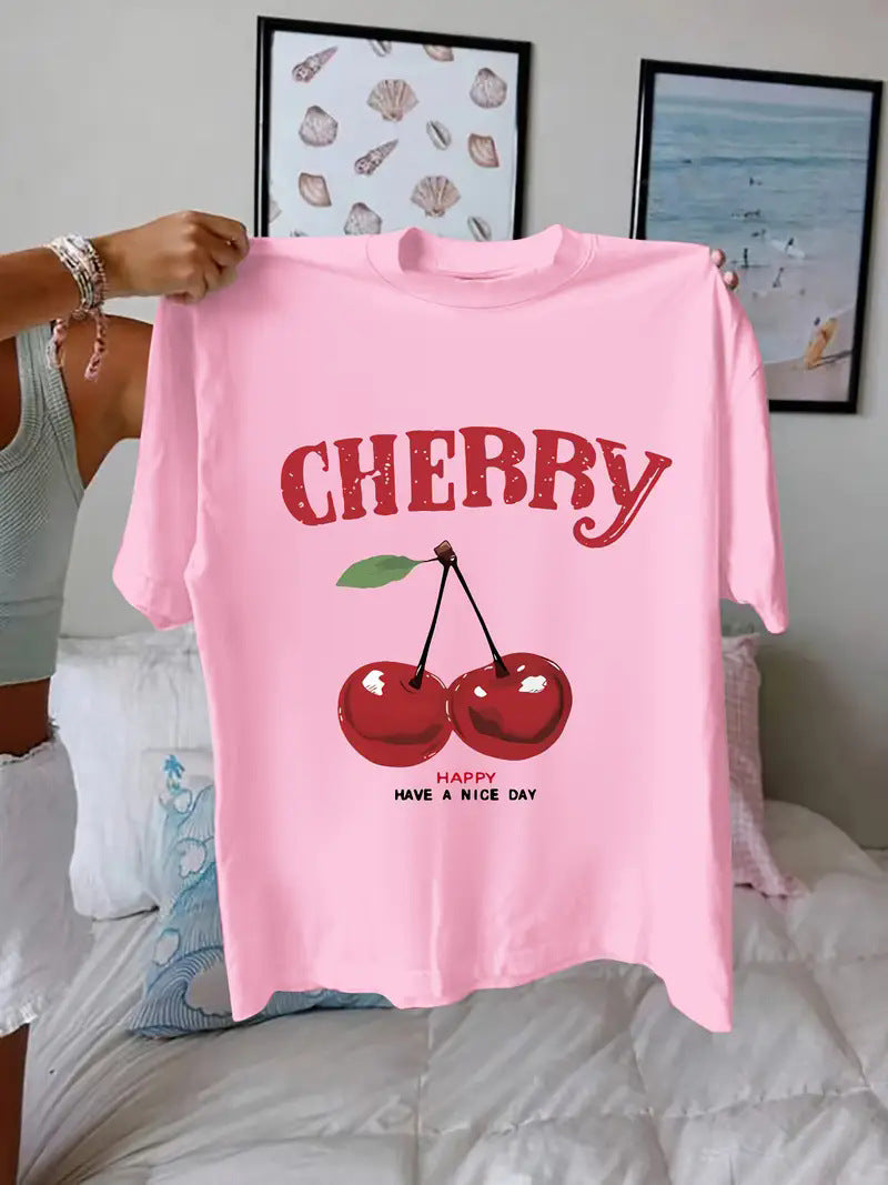 Fruit Strawberry Round Neck Short Sleeve Top For Women