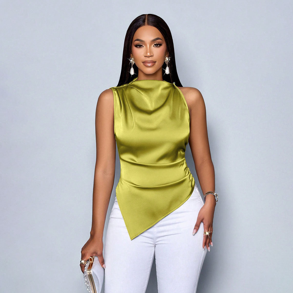 Summer Satin Shirt Women's Asymmetric Color