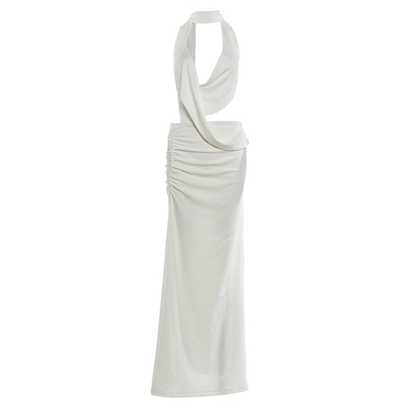 Deep V-neck Halter Strap Sexy Open-Back Solid Color Bodycon Dress