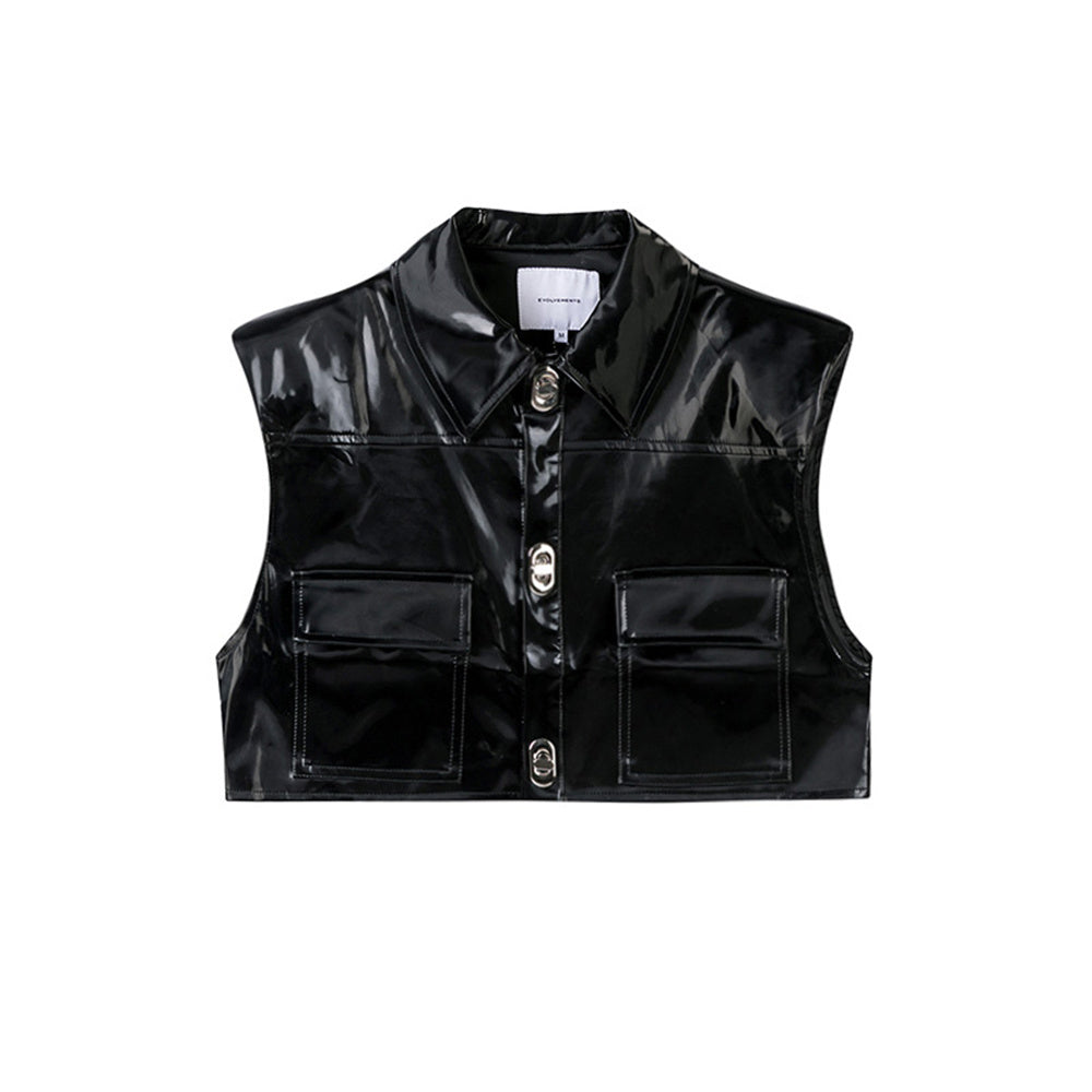 UP Leather Coat Padded Shoulder Glossy Half-length Vest Men's Lapel Metal Buckle Cardigan Vest Jacket Short