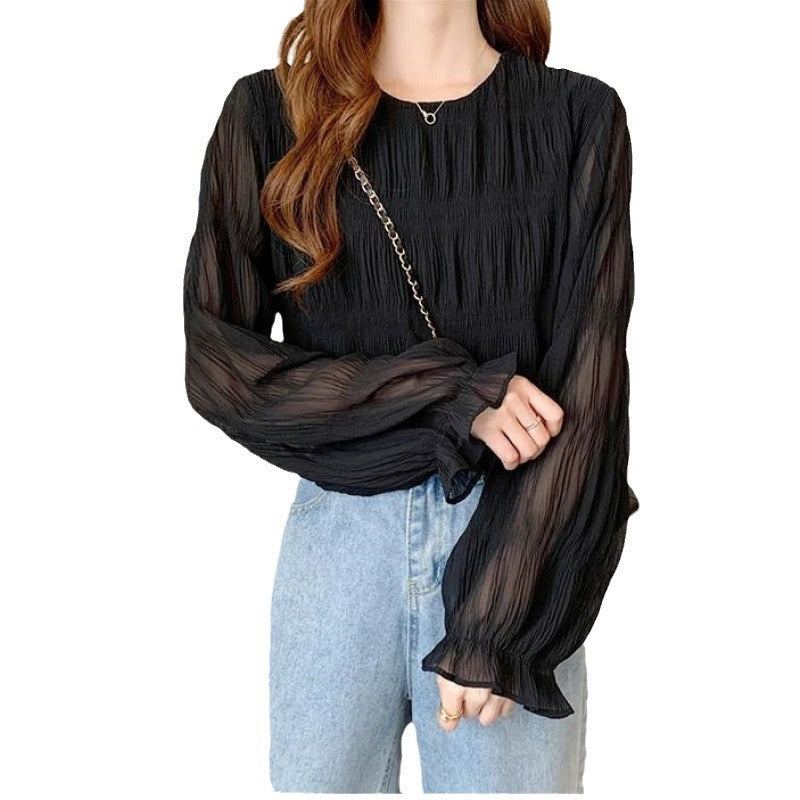 Pleated Bell Sleeve Chiffon Shirt Loose Long Sleeve Top