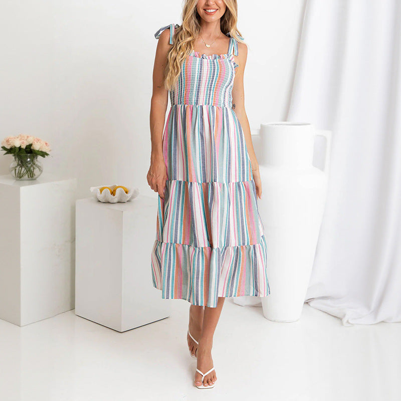 Strappy Rainbow Color-Block Striped Slip Dress