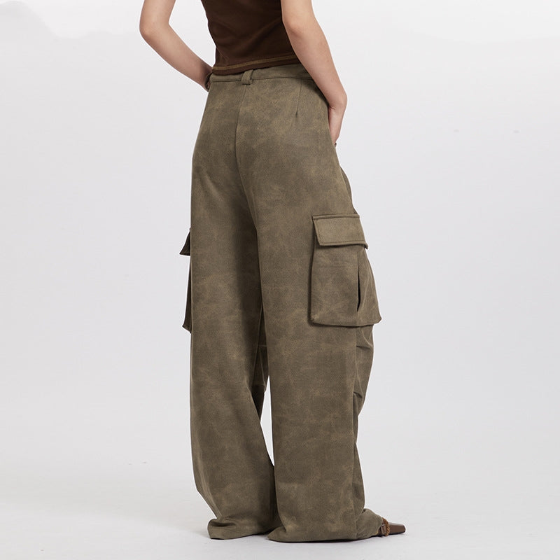 Pleated High Waist Retro Pocket Straight Wide Leg Overalls