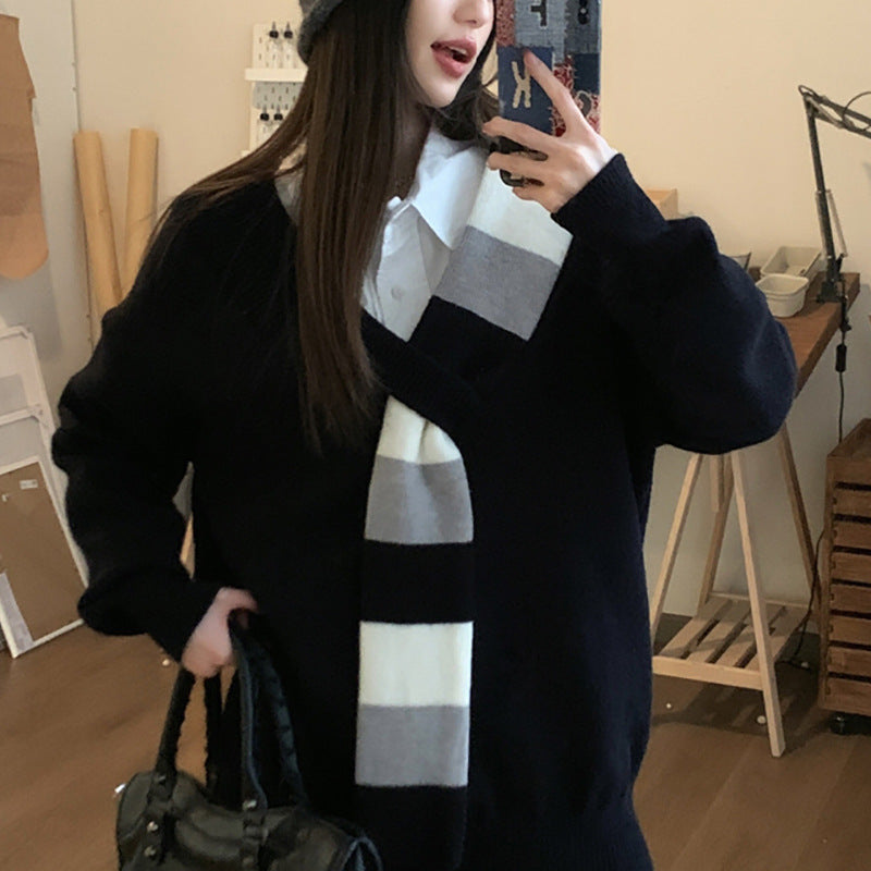 Lazy Style Fake Two-piece V-neck Striped Long Sleeve Women's Sweater