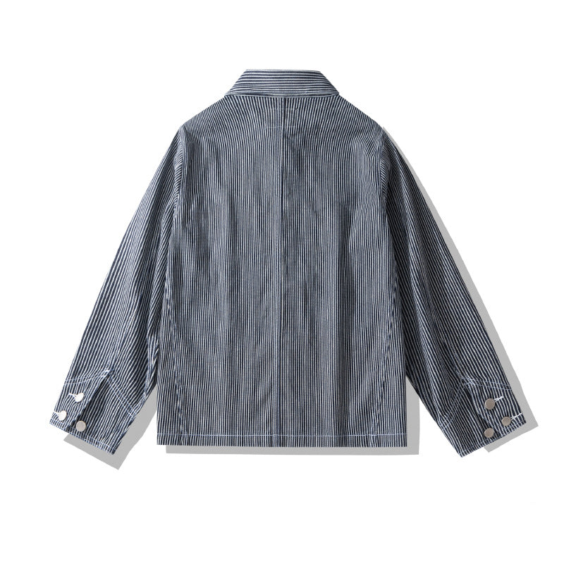 Striped Denim Multi-pocket Motorcycle Jacket