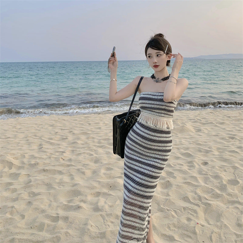 Womens Elegant Fringe-Trimmed Tube Top And Skirt Set