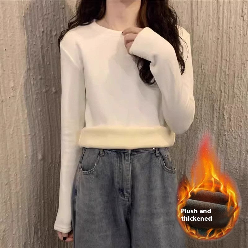 Plus Velvet Hvid Bundskjorte Dame Inder Match Mellemlang Løs T-shirt