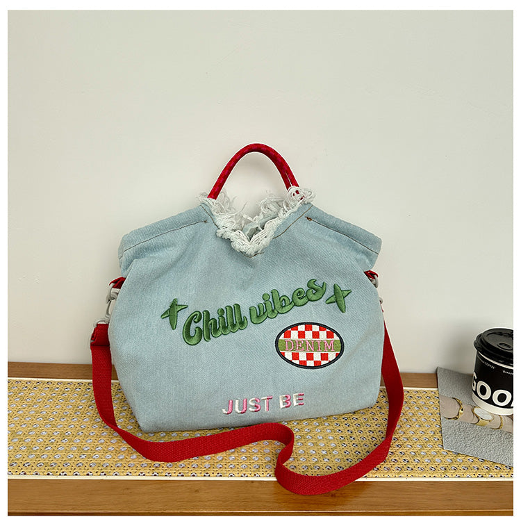 Women's Large Capacity Embroidered Denim Shoulder Bag