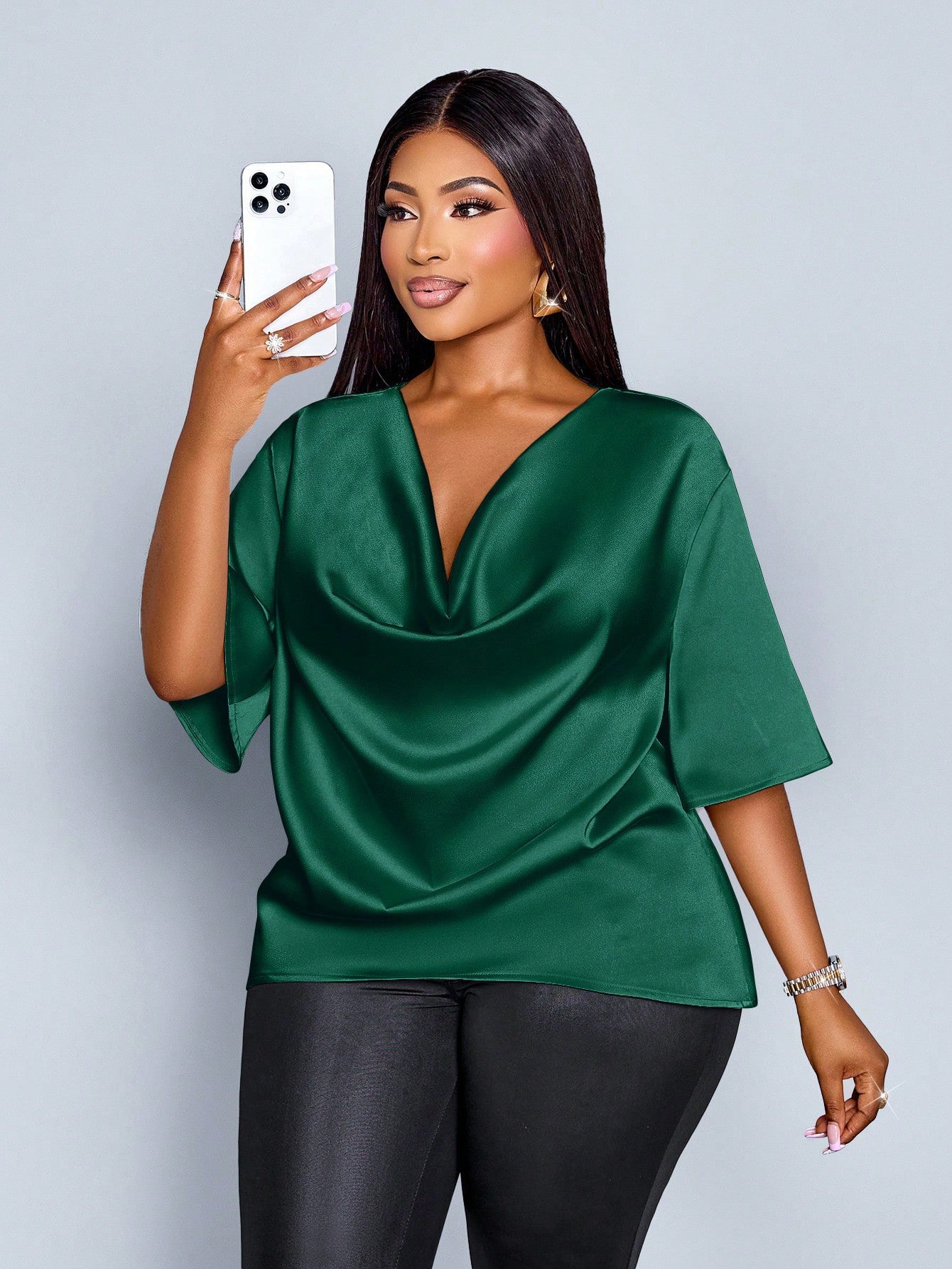 New Relaxed-fit Casual V-neck Mid-sleeve Long-sleeve Solid-color Chiffon Top