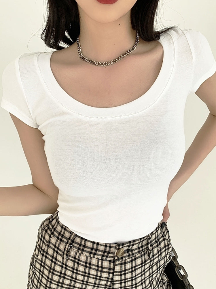 Cotton T-shirt Women's Short Sleeve Low Collar Collarbone