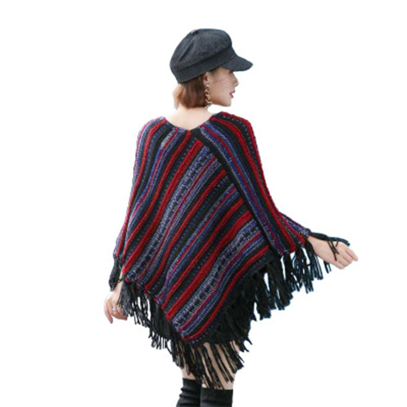 Striped wool fringe diamond hem women's shawl