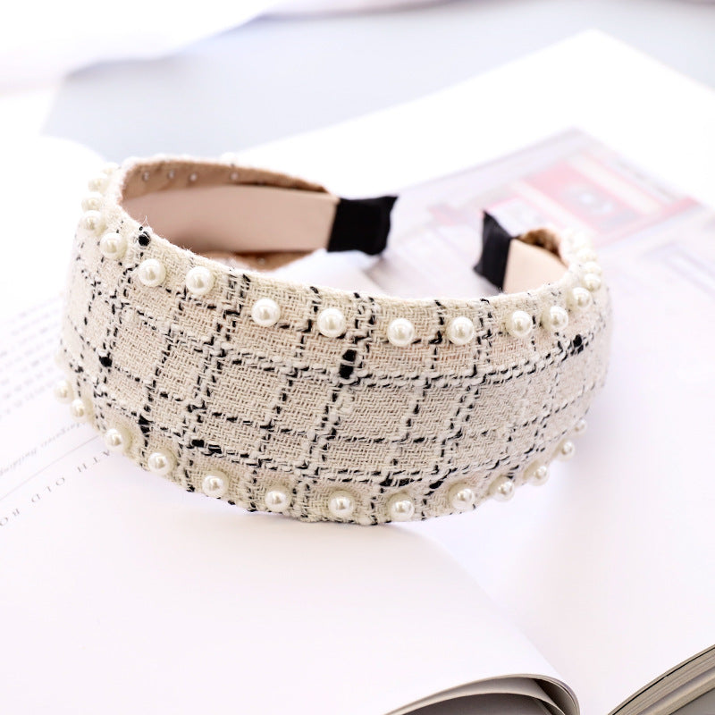 Pearl Headband Classic Ethnic Plaid Fabric