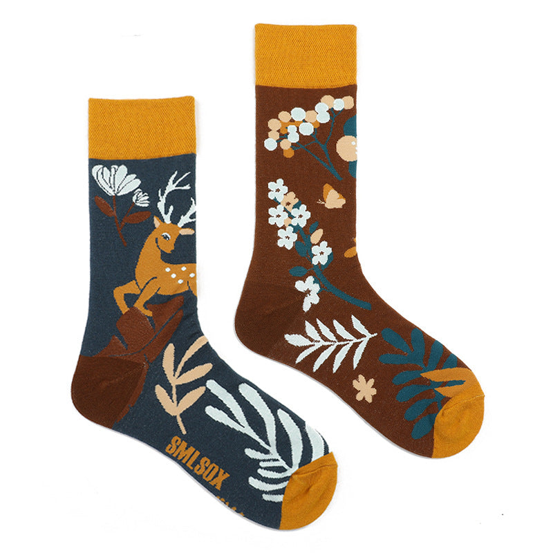 Asymmetrical Color Retro Personality Male And Female Couple Mid-length Cotton Socks
