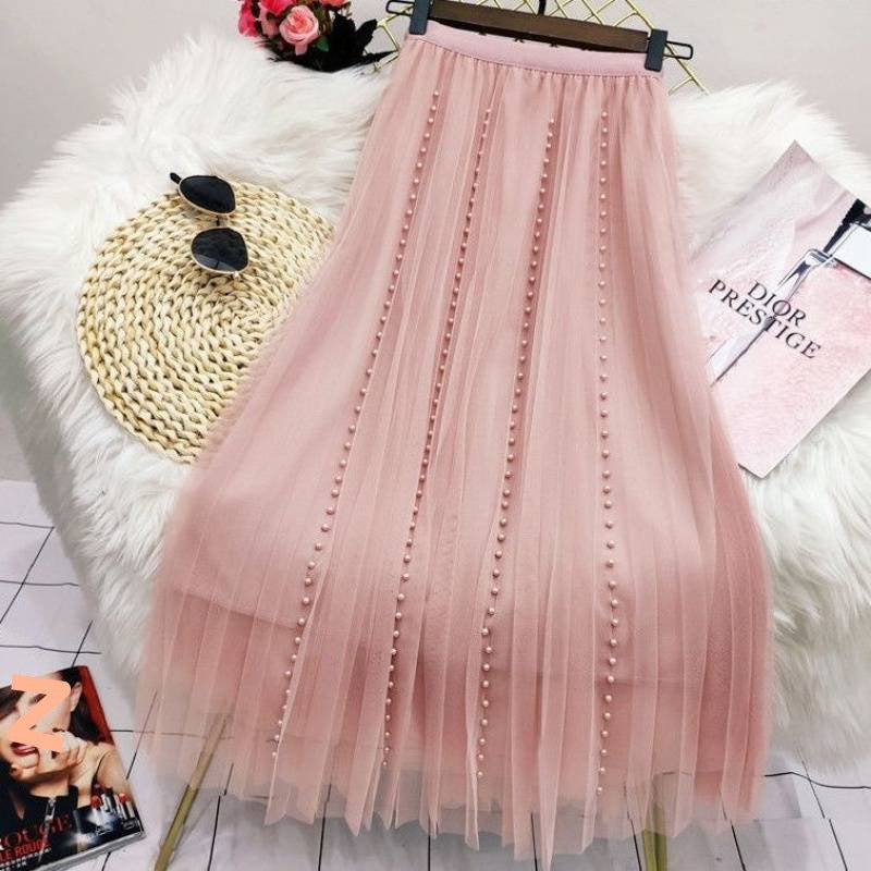 Pleated Mesh Skirt Women's Mid-length High Waist Long Skirt