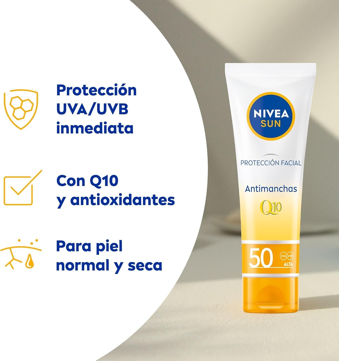 NIVEA SUN - Protección Solar Facial UV FP50 Antiedad & Antimanchas - Crema Solar Facial - Previene Las Arrugas - Con Q10 Y Antioxidantes - Crema Hidratante - 0% Residuos - Piel Normal a Seca - 50 Ml