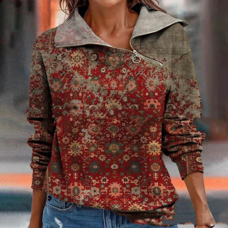 New Women's Digital Print Zippered Slanted Collar Loose Sweater