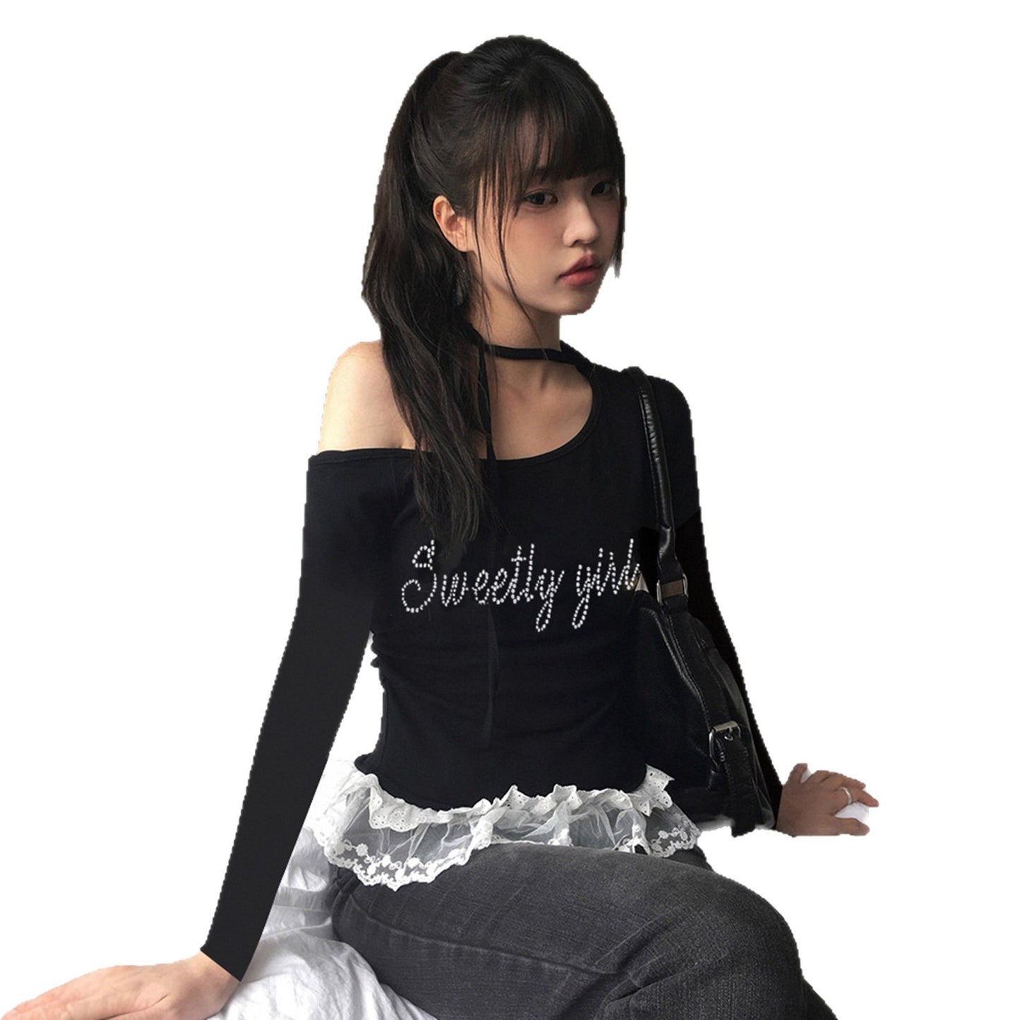 Korean Style Sexy Hot Girl Shoulder Lace-up Long Sleeve