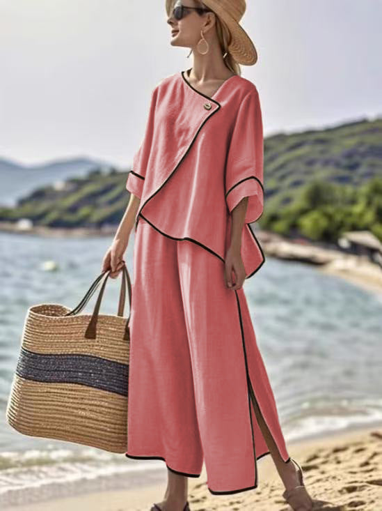 Womens Vacation-Ready Loose Striped Print Wide-Leg Pants Set