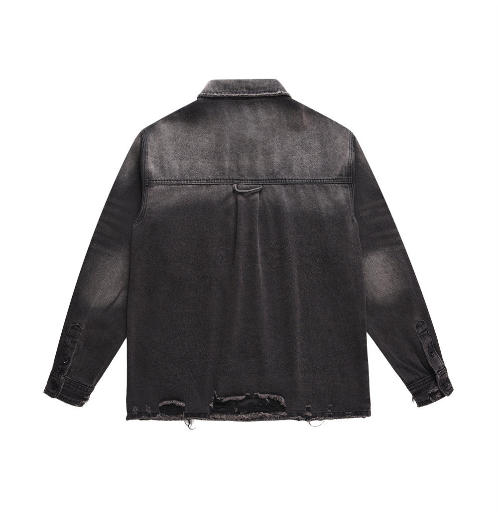 Punk Waste Soil Washed Old Ripped Denim Loose Casual Turn-down Collar Coat