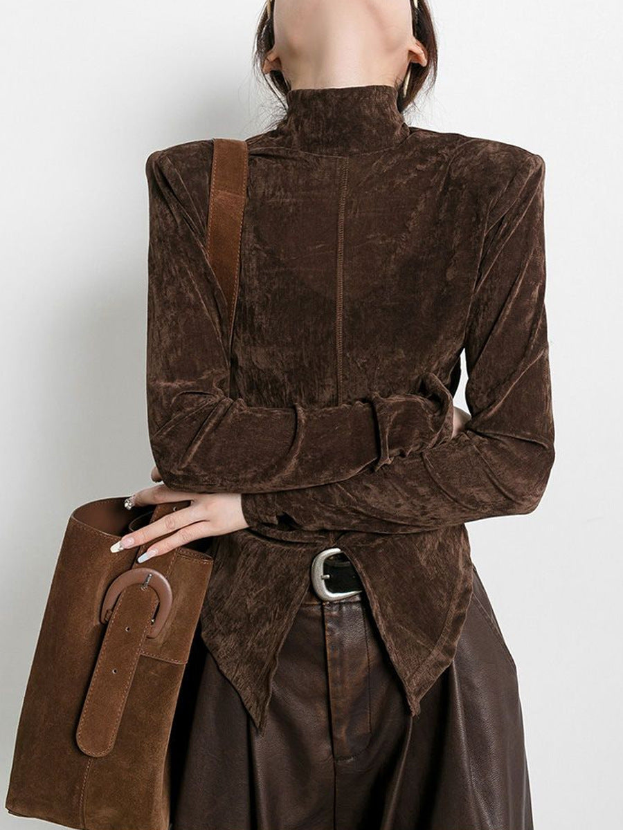 Velvet Half Turtleneck T-shirt Base Shirt Slit Hemline At Hem Solid Color Top