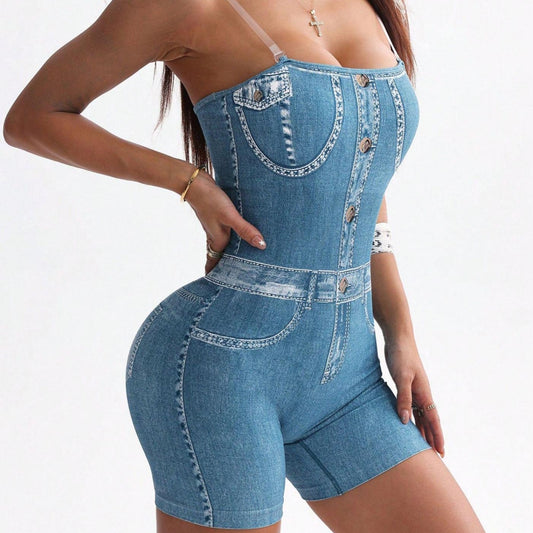 Denim Camisole Vest Shorts Jumpsuit 3D