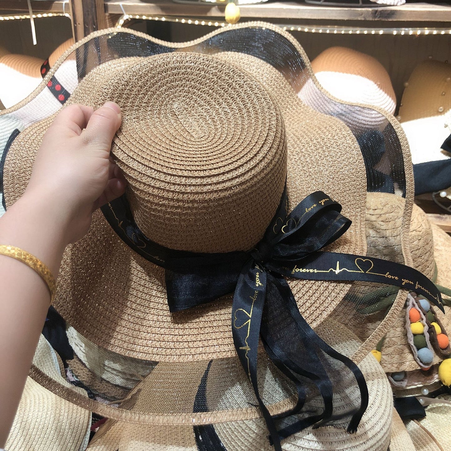 Women's Korean Version Letter Bow Streamer Romantic Mesh Sun Hat