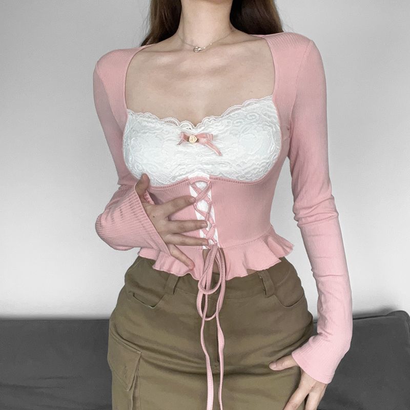 Lace Edge Waist Trimming Lace Up Long Sleeve Waist-controlled Top Women