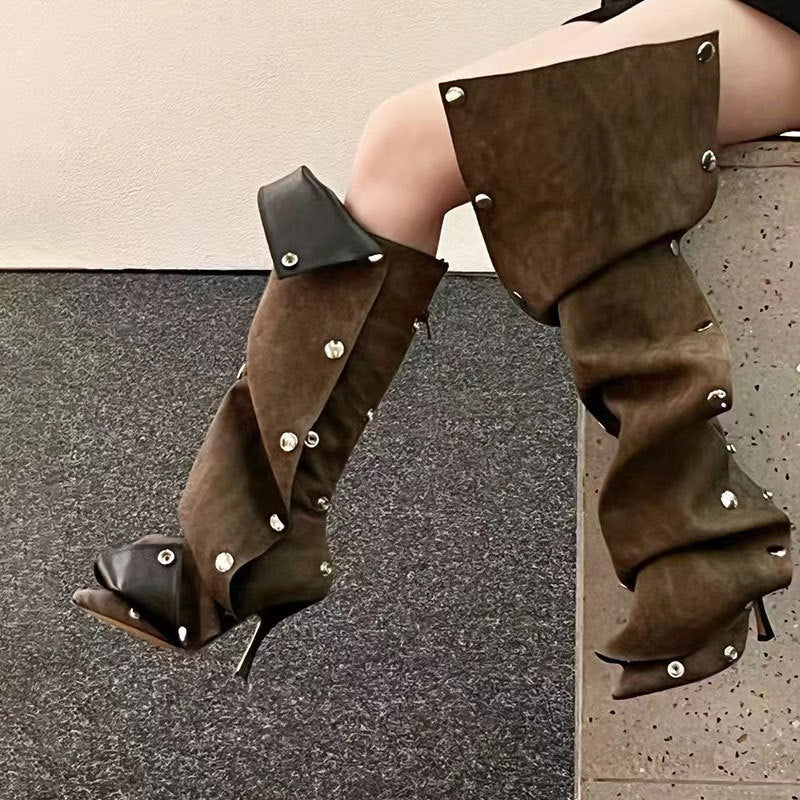 Denim Stitching Casual Two-way Pile Style Knee-length Boots