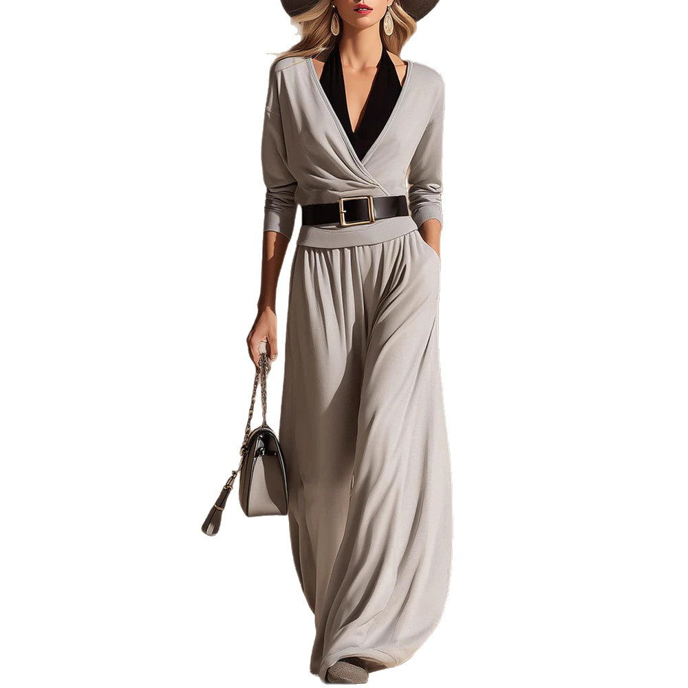 Black Halter-neck Two-piece Set Gray Top And Pants
