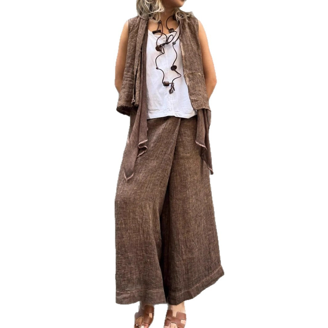 Cotton And Linen Loose Button Wide-leg Pants