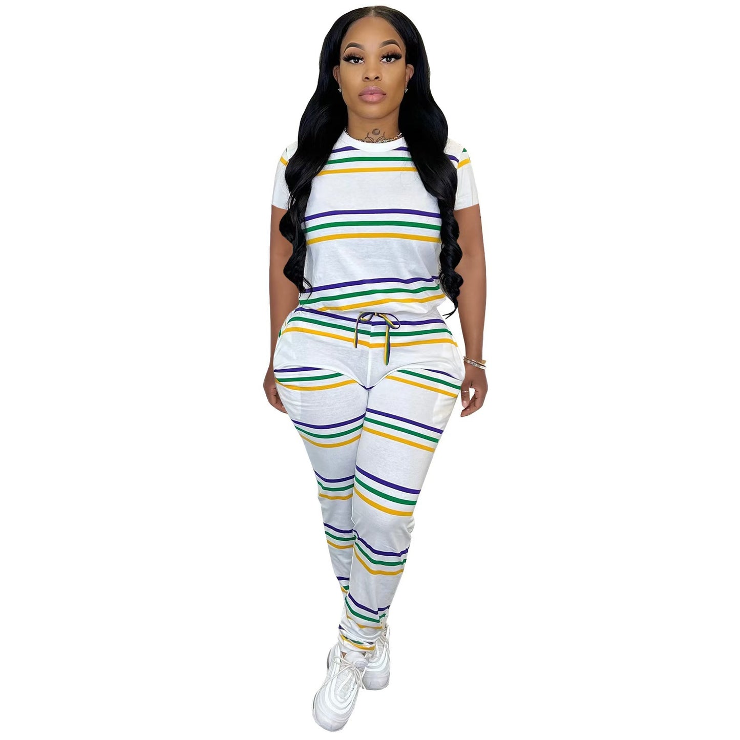 Striped Position-Printed Crew-Neck Short-Sleeve Pants Set
