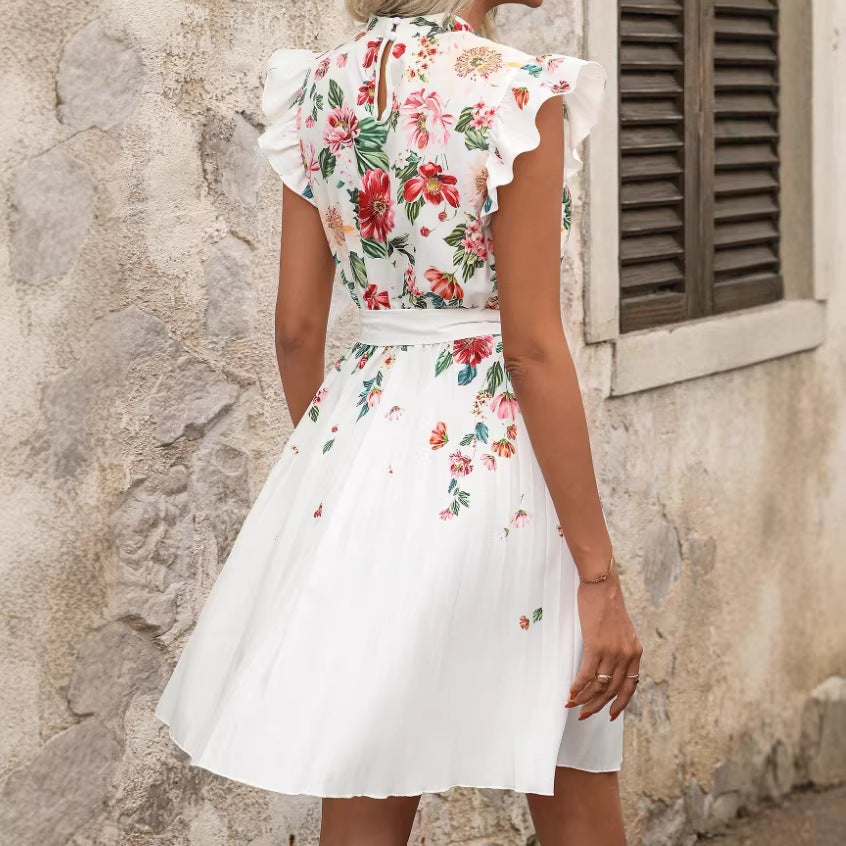 Casual All-Match Butterfly-Print Short-Sleeve V-Neck Dress
